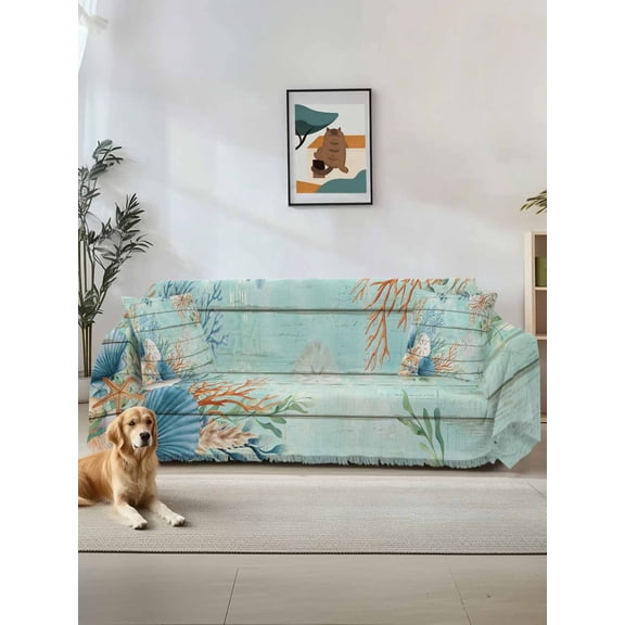 Teal Beach Coastal Couch Cover, Summer Nautical Coral Shell Botanical Vintage Sofa Cover Blanket for Loveseat Couches, Sectional Sofa Slipcover Furniture Protector for Living Room Bedroom 71''x118''