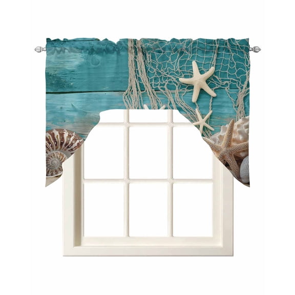 Teal Beach Coastal Kitchen Swag Valances for Windows, Summer Ocean Starfish Shell Conch Swag Valances Curtains for Living Room, Rod Pocket Window Treatments for Bathroom, Bedroom, Cafe, 56"x36"
