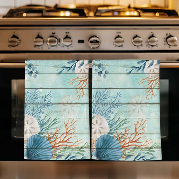 Teal Beach Coastal Kitchen Towels Set of 1, Summer Nautical Coral Shell Botanical Vintage Absorbent Dish Towels for Kitchen, Microfiber Hand Towel, Quick Drying Tea Towel for Cleaning Dishcloths