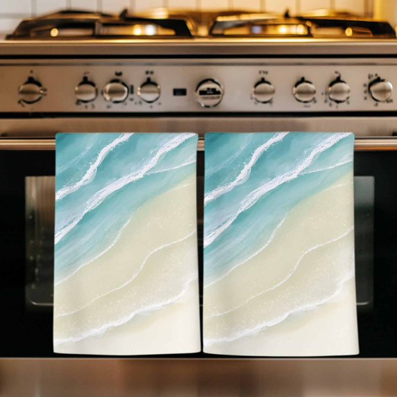 Teal Beach Coastal Kitchen Towels Set of 2, Summer Ocean Nautical Seaside Absorbent Dish Towels for Kitchen, Microfiber Hand Towel, Quick Drying Tea Towel for Cleaning Decorative Dishcloths