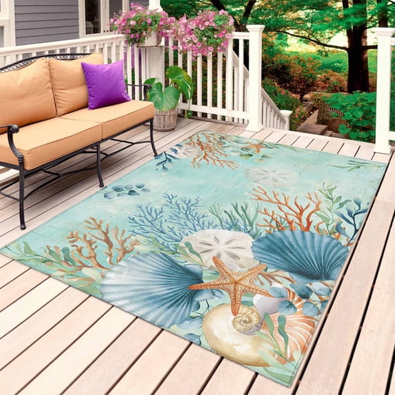 Teal Beach Coastal Outdoor Rug 5x8 Ft, Non Slip Washable Area Rug, Summer Nautical Coral Shell Botanical Patio Rugs Carpet Runner, Large Floor Mat for Indoor/Outdoor Deck Porch Camping