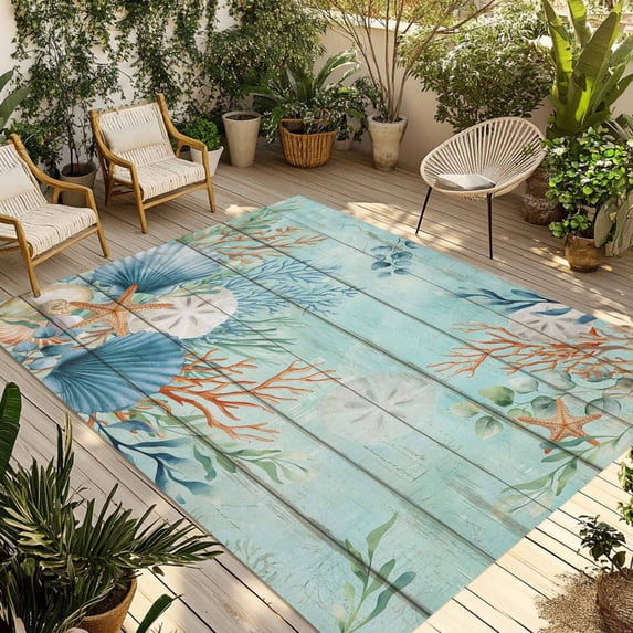 Teal Beach Coastal Outdoor Rug for Patio/Deck/Porch, Non-Slip Large Area Rug 3 x 5 Ft, Summer Nautical Coral Shell Botanical Vintage Indoor Outdoor Rugs Washable Area Rugs, Camping Rug Carpet Runner