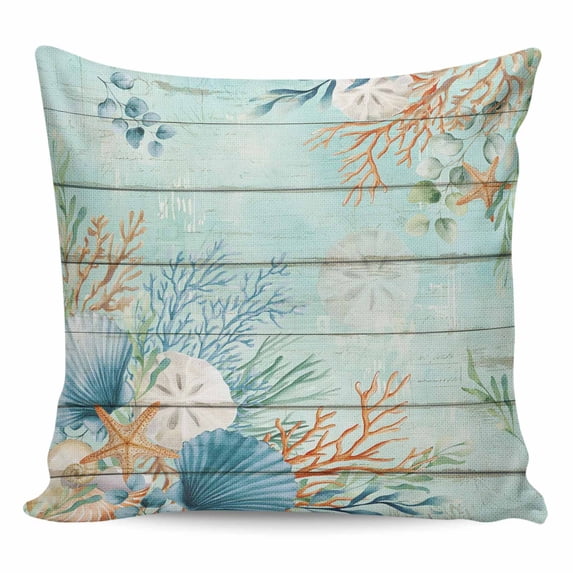 Teal Beach Coastal Pillow Covers 16x16 Inch Decorative Throw Pillow Cover, Summer Nautical Coral Shell Botanical Vintage Sofa Pillowcases Accent Cushion Case Home Decor Bedroom Living Room