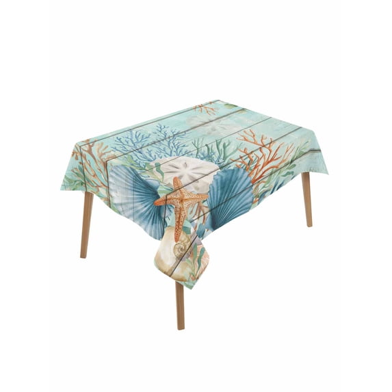 Teal Beach Coastal Rectangle Tablecloth, Summer Nautical Coral Shell Botanical Vintage Waterproof & StainResistant Tablecloth, Washable Oil-proof Table Cover for Dining/Party/Wedding/Buffet 60x84 In