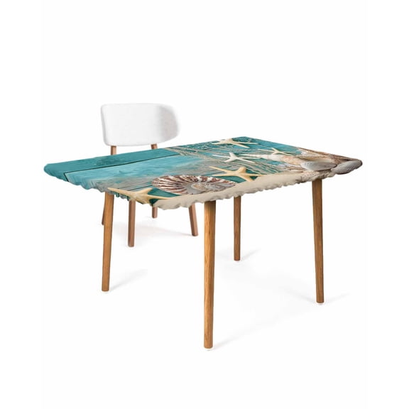 Teal Beach Coastal Rectangle Tablecloth, Waterproof Elastic Fitted Table Covers for 4 Foot Tables, 24x50inch Decorative Tablecloths for Picnic, Camping, Outdoor, Summer Ocean Starfish Shell Conch