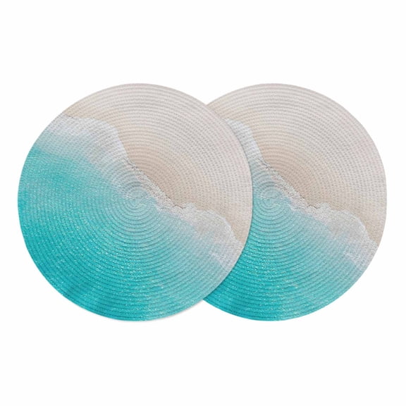 Teal Beach Coastal Round 13 Inch Placemats Set of 2, Summer Nautical Ocean Seaside HeatResistant Non Slip Place Mats for Dining Table, Wipeable Braided Kitchen Table Mats for Housewarming