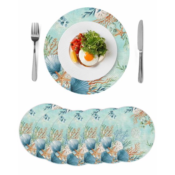 Teal Beach Coastal Round 15 Inch Placemats Set of 6, Summer Nautical Coral Shell Botanical HeatResistant Non Slip Place Mats for Dining Table, Wipeable Braided Kitchen Table Mats for Housewarming