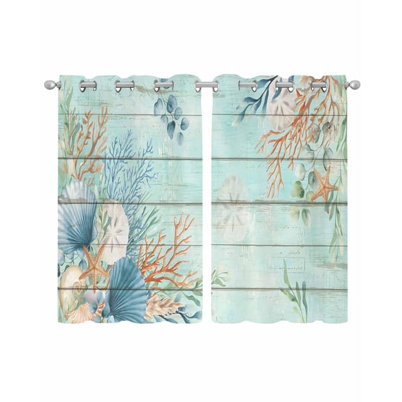 Teal Beach Coastal Sheer Curtains 39 Inch Length 2 Panels Set for Living Room/Bedroom, Summer Nautical Coral Shell Botanical Vintage Kitchen Curtains Grommet Curtains Window Treatments 27.5"x39"x2