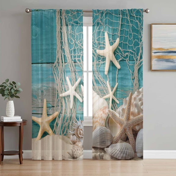 Teal Beach Coastal Sheer Curtains 84 Inch Length 2 Panels Set, Summer Ocean Starfish Shell Conch Voile Window Treatment Rod Pocket Curtains Sheers Drapes for Bedroom/Living Room/Kitchen 52"x84"x2