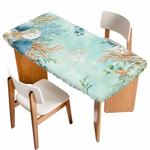 Teal Beach Coastal Table Cloths for 6 Foot Rectangle Tables, Summer Nautical Coral Shell Botanical Patio Waterproof Elastic Fitted Tablecloths, Washable Rectangular Table Cover for Camping