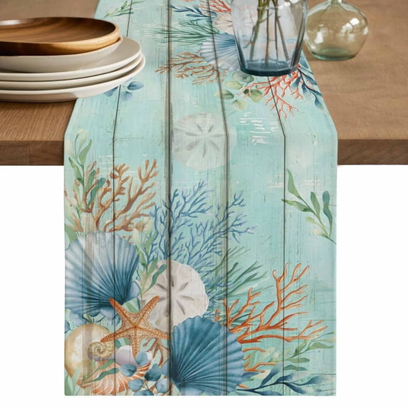 Teal Beach Coastal Table Runner 72 Inches, Summer Nautical Coral Shell Botanical Vintage Bed Runner Dresser Scarves Tabletop for Indoor Outdoor Parties/Ceremony/Banquet, 14" x 72"