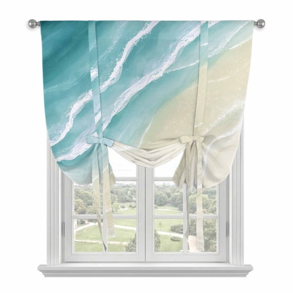 Teal Beach Coastal Tie Up Curtains for Windows, Adjustable Balloon Window Shades, Summer Ocean Nautical Seaside Kitchen Window Treatments Adjustable Roll Up Curtain for Basement/Nursery 52"x45"