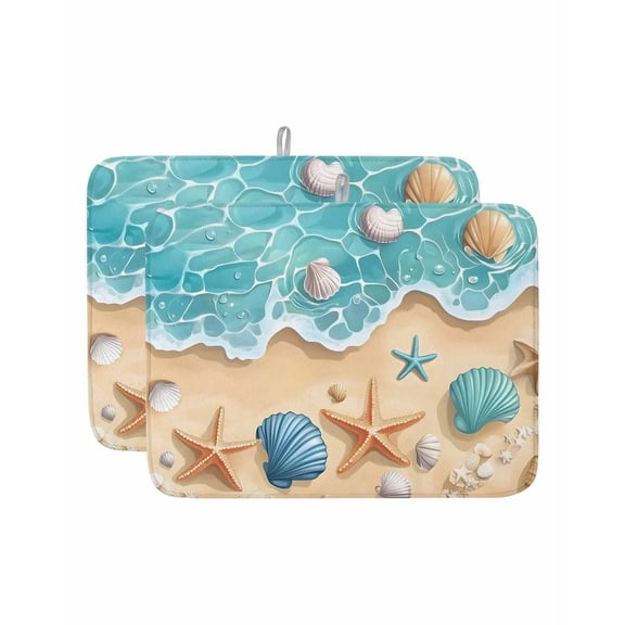 Teal Beach Dish Drying Mat 18x24 inch Water Ripped Starfish Shell Shore Coastal Super Absorbent Microfiber Dish Drying Pad for Kitchen Countertops Sink Dish Drainer Racks Coffee Bar Mats 2 Pack