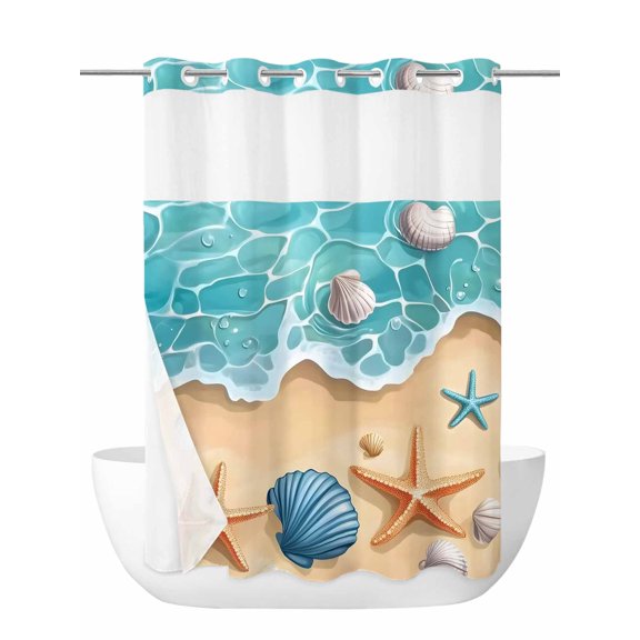 Teal Beach No Hook Shower Curtain and Liner Set Water Ripped Starfish Shell Shore Coastal Shower Curtains with Snap-in Liner & See Through Top Window Hotel Style for Bathroom Decor 72x86 Inch