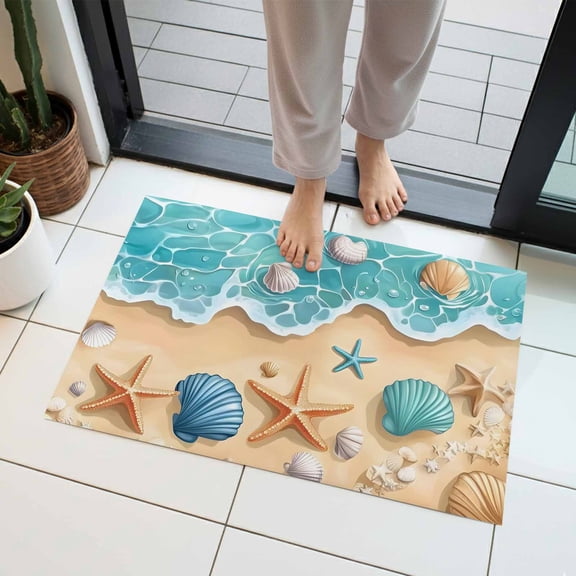 Teal Beach Indoor Door Mat 16x24 Inch Water Ripped Starfish Shell Shore Coastal Front Door Mat Non Slip Washable Entryway Rug Low Profile Dirt Trapper Doormat for Bathroom Kitchen Bedroom