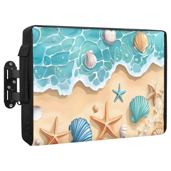 Teal Beach Outdoor TV Cover 30 to 32 Inch Water Ripped Starfish Shell Shore Coastal Weatherproof and Waterproof TV Cover Heavy Duty Outside Flat TV Screen Protector with Remote Control Pocket