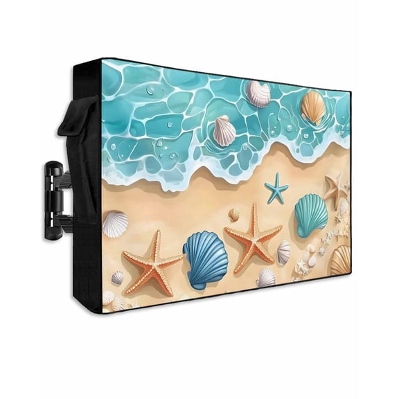 Teal Beach Outdoor TV Cover 48 to 50 inch Water Ripped Starfish Shell Shore Coastal Waterproof Dustproof TV Covers for Outside with Zipper Remote Control Pocket Flat Screen Protectors