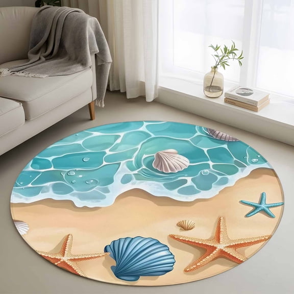 Teal Beach Round Rugs for Living Room 3ft Water Ripped Starfish Shell Shore Coastal Non Slip Circle Rug Washable Low-Profile Indoor Carpet for Bedroom, Dining Room, Bathroom