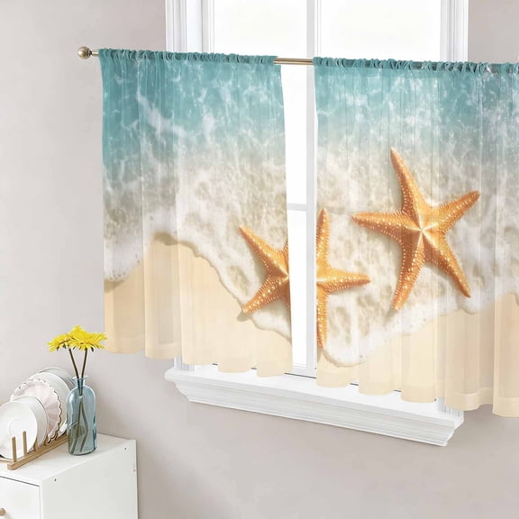 Teal Beach Sheer Curtains for Living Room Bedroom, Orange Starfish Summer Seaside Coastal Light Filtering Sheer Curtain Rod Pocket Voile Window Treaments Drapes, 52 x 45 Inches