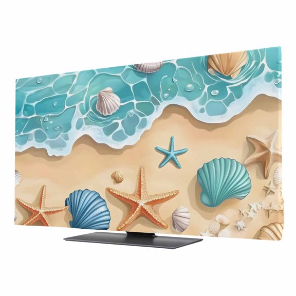 Teal Beach TV Dust Cover 24 Inch, Water Ripped Starfish Shell Shore Coastal Computer Monitor Cover Dustproof Stretchable Indoor TV Screen Protector for LED LCD Universal Monitors