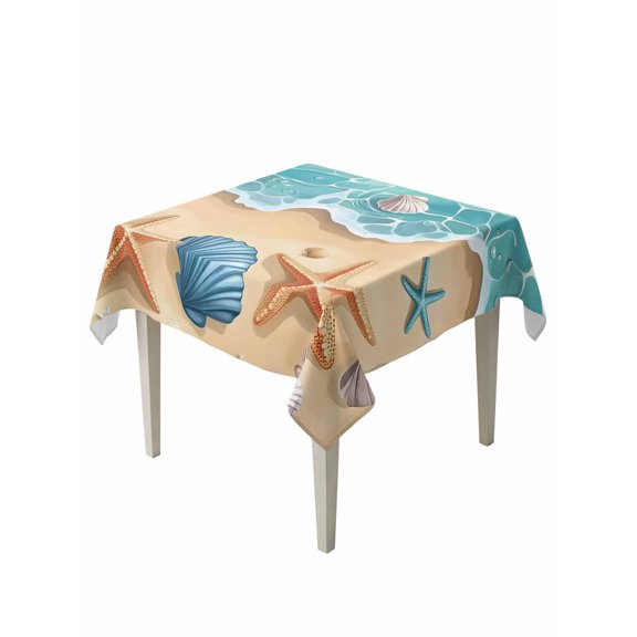 Teal Beach Table Cloth 54x54 Inch Square, Water Ripped Starfish Shell Shore Coastal Waterproof Tablecloth Washable Table Cover for Party Picnic Dinner Decor