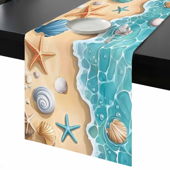 Teal Beach Table Runner 13x36 Inch Water Ripped Starfish Shell Shore Coastal Table Runner Non-Slip Dresser Scarves for Holiday Decorations, Party, Dinner and Gatherings, 1 Pack