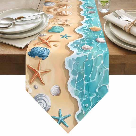 Teal Beach Table Runner 36 Inches Long Water Ripped Starfish Shell Shore Coastal Table Runners for Dining Room Tabletop Dresser Scarf Home Party Banquet Wedding Holiday Decoration