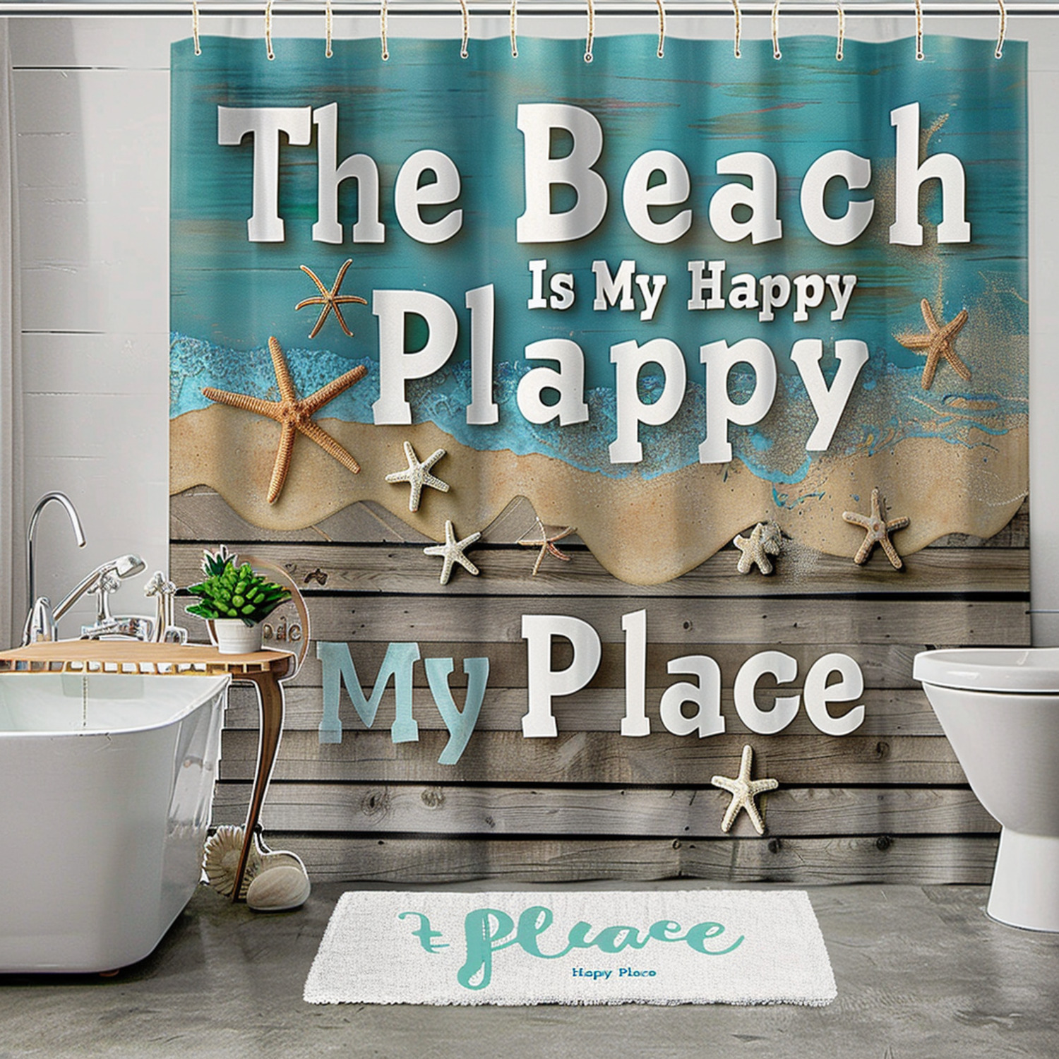 Teal Beach Theme Bathroom Set with Realistic Art Shower Curtain Window