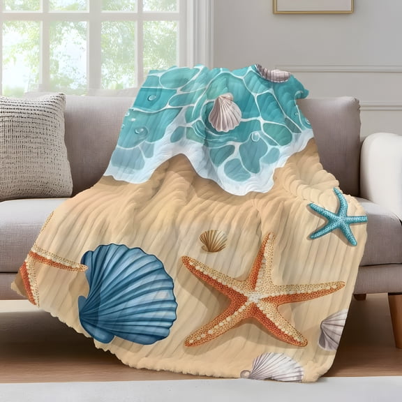 Teal Beach Throw Blanket for Couch Water Ripped Starfish Shell Shore Coastal Soft and Warm Flannel 3D Striped Fluffy Fuzzy Fleece Blanket Lightweight Throw for Bed, Sofa 30 x 40 Inches