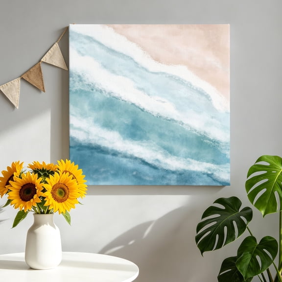 Teal Beach Waves Canvas Wall Art Framed Wall Decor for Living Room Bedroom Bathroom, Nautical Coastal Abstract Gradient Ocean Wave Canvas Pictures Ready to Hang Decor, 8"x8"