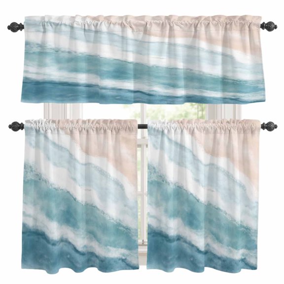 Teal Beach Waves Kitchen Curtains Valances and Tiers Set of 3 Nautical Coastal Abstract Gradient Ocean Wave Tier Curtains and Valance with Rod Pocket for Small Windows, 27.5"x36"