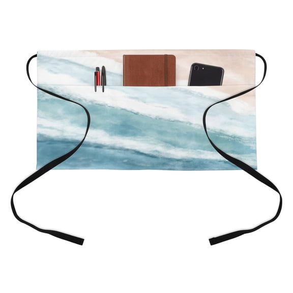Teal Beach Waves Kitchen Restaurant Half Waist Apron, Nautical Coastal Abstract Gradient Ocean Wave Server Short Apron with 3 Pockets Waterproof Oil Waist Aprons for Women Waitress Waiter