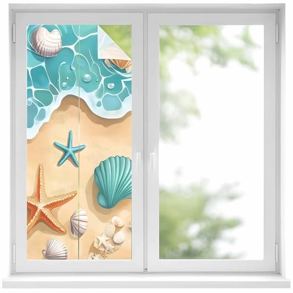 Teal Beach Window Privacy Film Water Ripped Starfish Shell Shore Coastal Decorative Glass Window Film UV Blocking Static Cling Non-Adhesive Sticker Covering for Home Door 17.7 x 39.3 inches