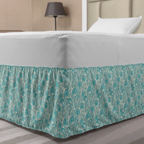 Teal Bed Skirt, Classical Lace Style Pattern with Romantic Feminine Elements Inspired Artwork Print, Elastic Bedskirt Dust Ruffle Wrap Around for Bedding Decor, 4 Sizes, Teal Beige, by Ambesonne