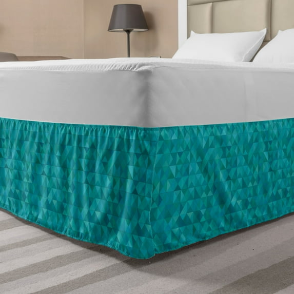 Teal Bed Skirt, Geometrical Shapes Triangles Squares Modern Abstract Art Different Shades of Blue, Elastic Bedskirt Dust Ruffle Wrap Around for Bedding Decor, 4 Sizes, Turquoise Aqua, by Ambesonne