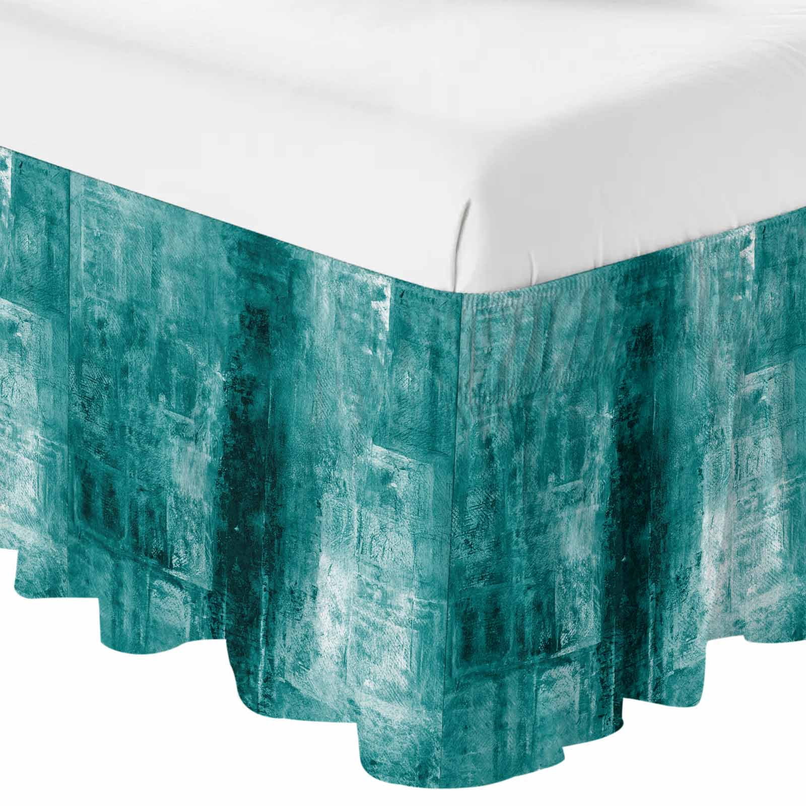 Teal Bed Skirt King Size 16 Inch Drop, Adjustable & Elastic Wrap Around Bed Skirts Pleated Dust Ruffles For Twin Full Queen Cal King Base Beds, Retro Oil Painting Modern Abstract Art Aesthetics