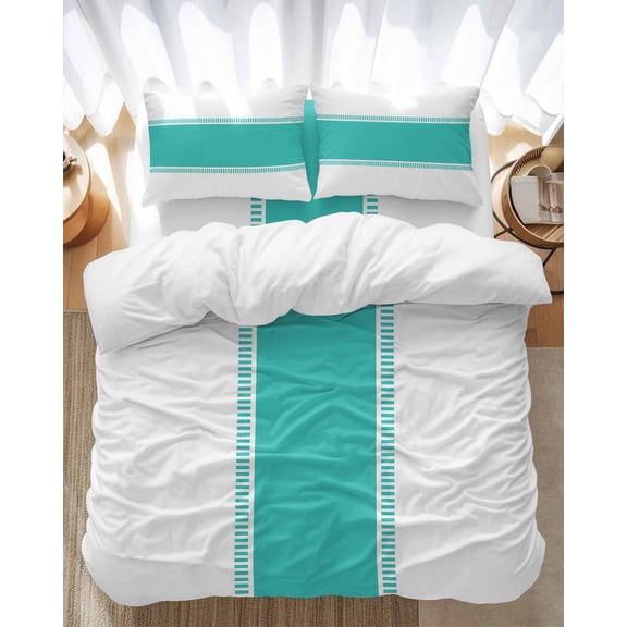 Teal Bedding Duvet Cover Set King Size 4 Pieces Stripes Solid Color Soft Twill Plush Quilt Cover, Include 1 Duvet Cover 1 Flat Sheet And 2 Pillow