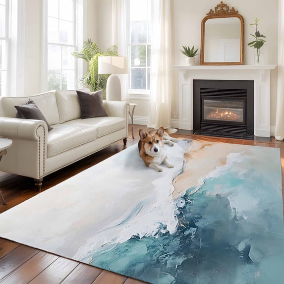 Teal Beige Area Rug 5x8 FT, Non Slip Bedroom Throw Carpet, Modern Oil Painting Art Coastal Washable Soft Floor Carpet Non-Shedding Rug for Living Room Nursery Dorm Office