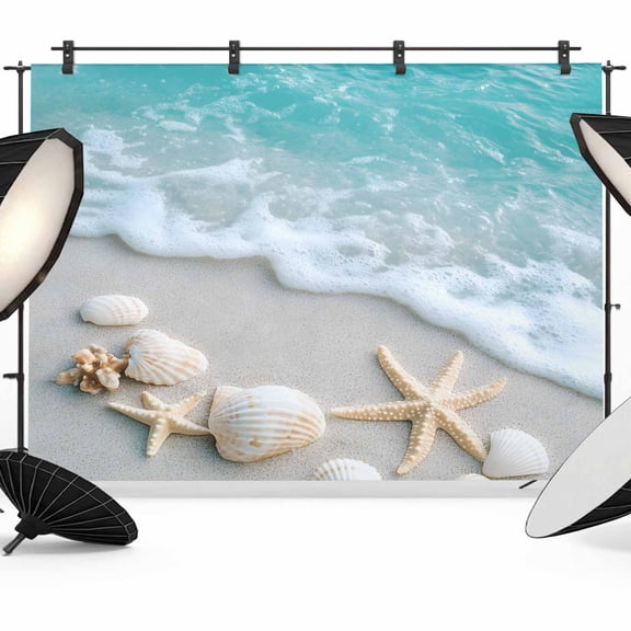 Teal Beige Backdrop for Photography, Beach Starfish Seashell Sand Sea Waves Scenery Photo Backdrop Portrait Background Party Banner Photo Backgrounds for Studio Booth Props, 7x5ft