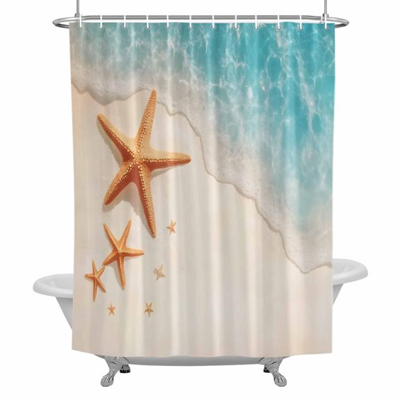 Teal Beige Bathroom Shower Curtain, Beach Starfish Sea Wave Shore Coastal Waterproof Washable Soft Bath Curtain for Bathtub Decor with 12 Hooks&Grommet, 36x72 Inch