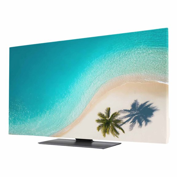 Teal Beige Beach TV Cover for 50 Inch Screen, Stretch Fabric Dustproof TV Display Protector, Summer Sand Coastal Seaside Elastic Slipcover Monitor Cover for Indoor Desktop Computer 43.6"x24.5"