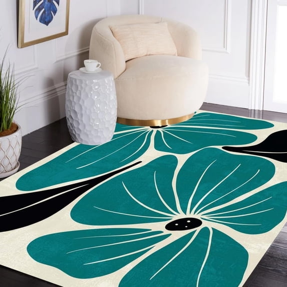 Teal Beige Black Flower Pattern Vintage Area Rug For Livingroom Diningroom Machine Washable Non Shedding Large Boho Carpet In Conference Room Apartment Midcentury Aesthetic Rugs 4x5ft