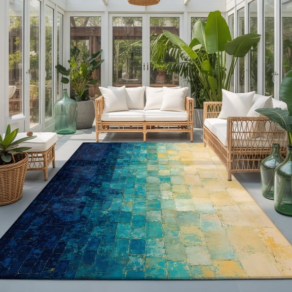 Teal Beige Block 9'x12' Area Rugs for Living Room Sectional Sofa, Blue Cream Gradient Textured Industrial Boho Washable Sturdy Non Slip Soft Sturdy Rectangle Home Area Rug