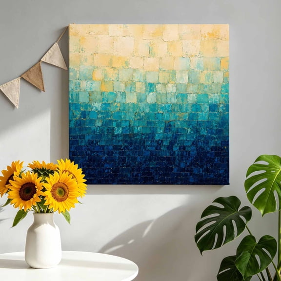 Teal Beige Block Canvas Wall Art, Blue Cream Gradient Textured Industrial Boho Framed Canvas Wall Decor Picture Print Artwork Decorations for Living Room Office Ready to Hang 8" x 8"