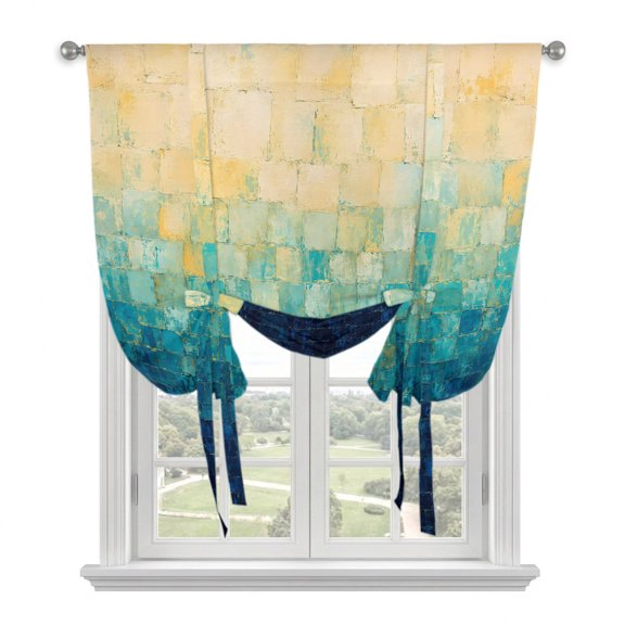 Teal Beige Block Tie Up Balloon Window Curtain 52W x 45L Inch, Blue Cream Gradient Textured Industrial Boho Rod Pocket Adjustable Tie Up Curtains Small Kitchen Sink Curtains for Cafe Bedroom