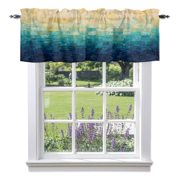 Teal Beige Block Valances for Windows, Blue Cream Gradient Textured Industrial Boho Rod Pocket Short Window Valance Curtains Holiday Window Treatment for Kitchen Living Room Bathroom 60" x 18"