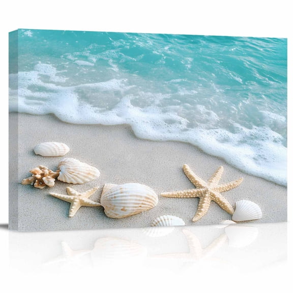 Teal Beige Canvas Print Wall Art Beach Starfish Seashell Sand Sea Waves Scenery Pictures Painting Morden Artwork for Living Room Bedroom, Ready to Hang - 12"x16"