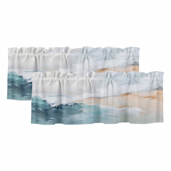 Teal Beige Curtain Valances for Windows, Kitchen Valance Window Treatments Panel 2 Pack, Modern Oil Painting Art Coastal Rod Pocket Short Curtains for Bathroom Bedroom 60 x 18 Inch
