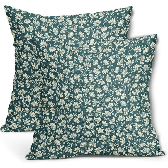 Teal Beige Daisy Floral Pillow Covers 16X16 Inch Vintage Flowers Decorative Pillow Cases Set of 2 Block Print Cotton Linen Throw Pillows Farmhouse Decor For Sofa Couch Porch Bed Cushion Outdoor