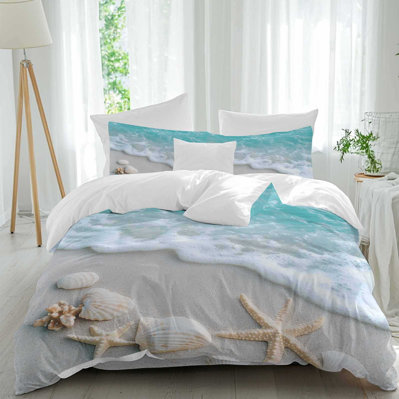 Sea Shell Comforters Teal Beige Duvet Cover Set Full Size Beach Starfish Seashell Sand Sea ...